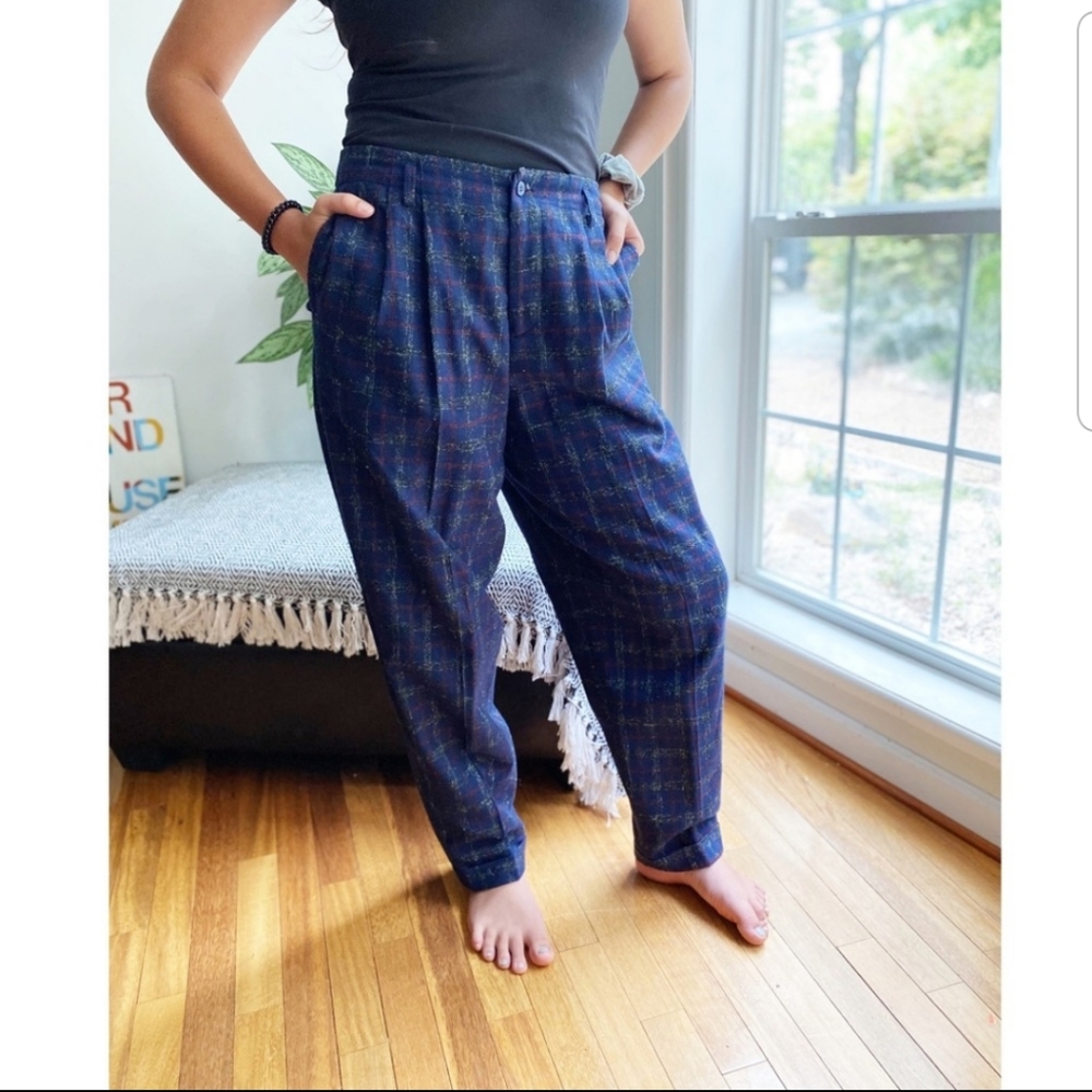 Vintage Wool Blend Pleated Plaid Trouser Pants